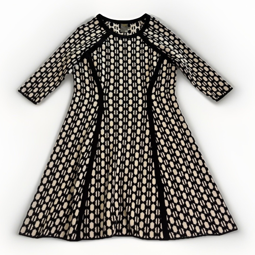 Taylor Geometric Sweater Dress Womens Large Black Cream‎ Rayon Fit & Flare